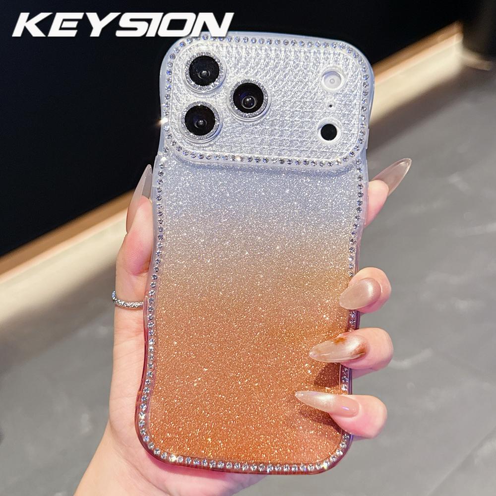 KEYSION Gradient Glitter Jewelled Phone Case for iPhone 16 17 Pro Max Air 16 Plus Wavy Border Lens Protector Shockproof Cover