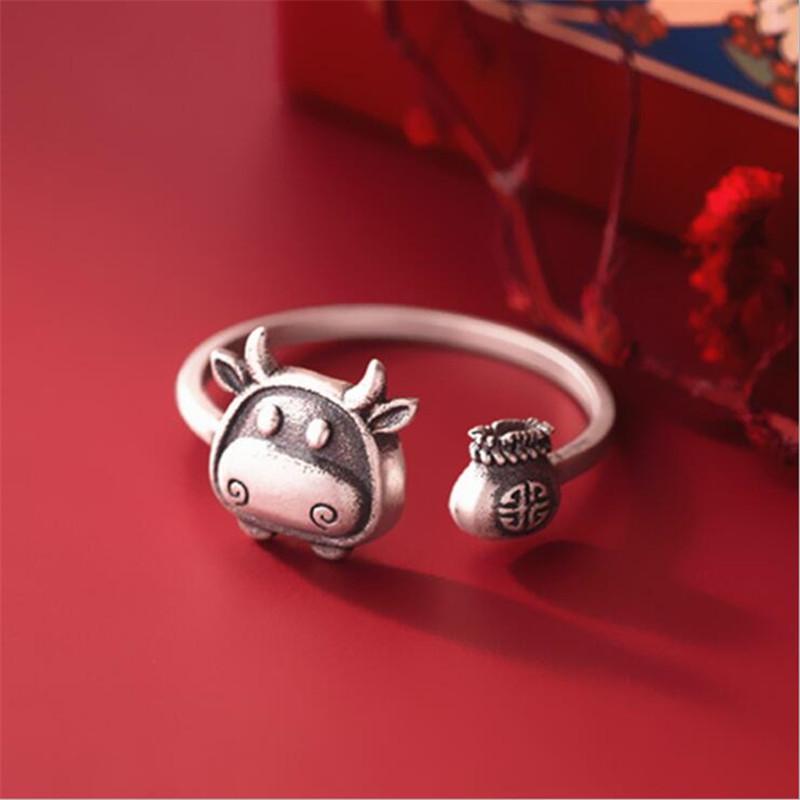 New Personality Zodiac Bull Retro 925 Sterling Silver Jewelry Sweet Calf Luck Bag Thai Silver Animal Opening Rings TYB432