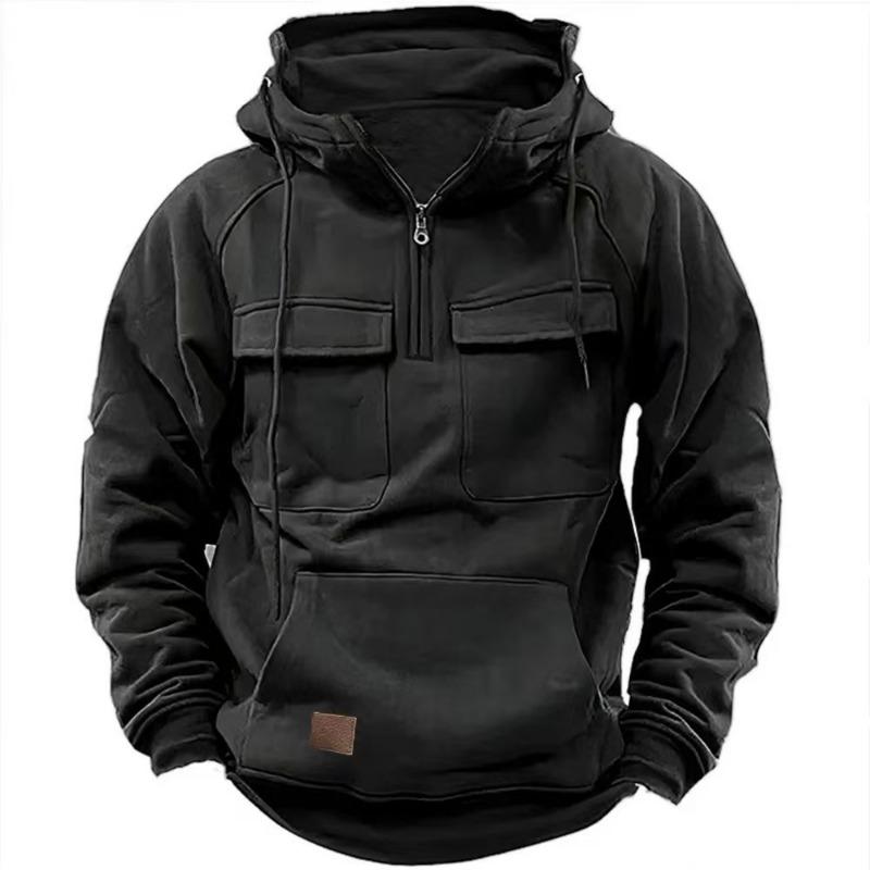 New Autumn and Winter Men Hooded Solid Color Sweatshirt Sports Multi Pocket Versatile Jacket