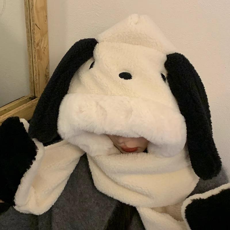 Cute puppy cartoon plush hat women's autumn and winter thickened warm plush hat gloves scarf three-in-one headgear