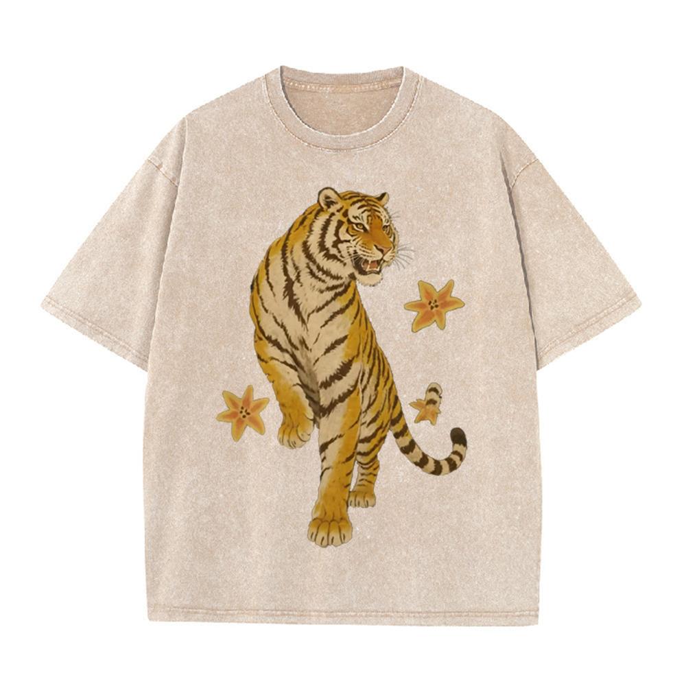 2026 Vintage Washed Black Retro Tiger Floral Graphic T Shirt Oriental Wild Animal Oversized Streetwear Casual Short Sleeve Tee