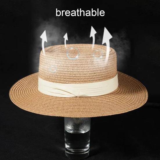 Flat Straw Hat Natural Straw Weaving Wide Brim Sun Hat Summer Beach Sun Protection Hat with Ribbon Bow