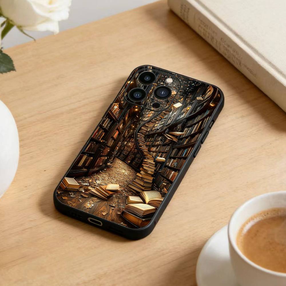 Vintage Bücherregal Kätzchen Handyhülle für iPhone 17, 16, 15, 14, 13, 12 Plus, Max Weiche Silikon Schwarze Hülle