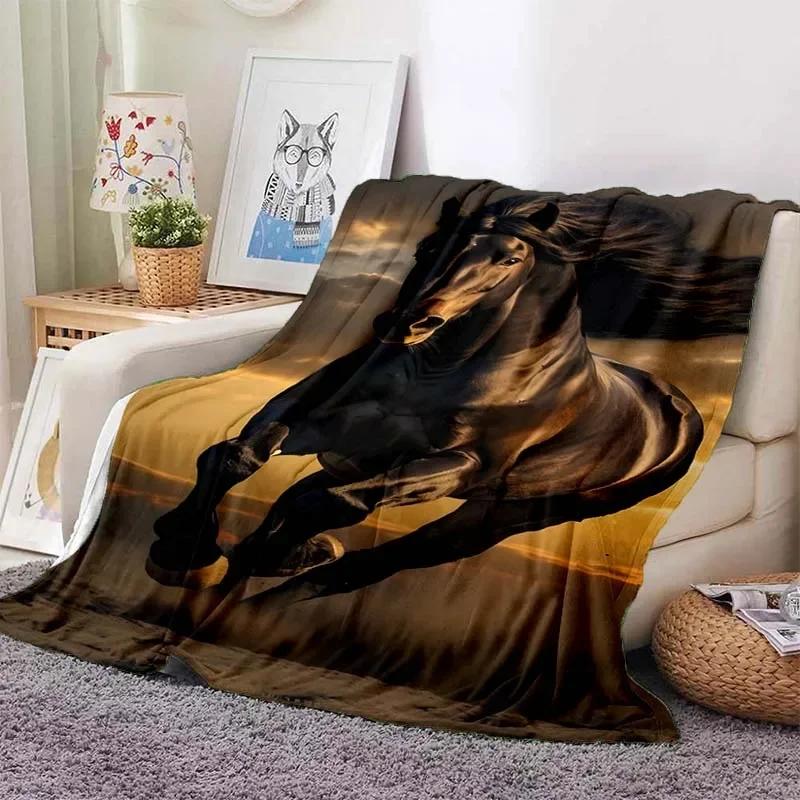 3D Cartoon Horse Print Flannel Throw Blanket – Soft Warm Picnic Blanket, Retro Home & Travel Birthday Gift, Cozy Comfort