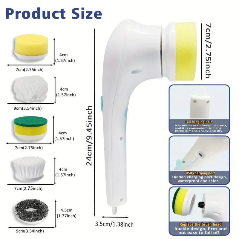 5-in-1-Multifunktions-Elektro-Reinigungsbürste, USB-Aufladung, Badezimmer-Waschbürste, Küchen-Reinigungswerkzeug, Geschirrspülbürste, Badewanne
