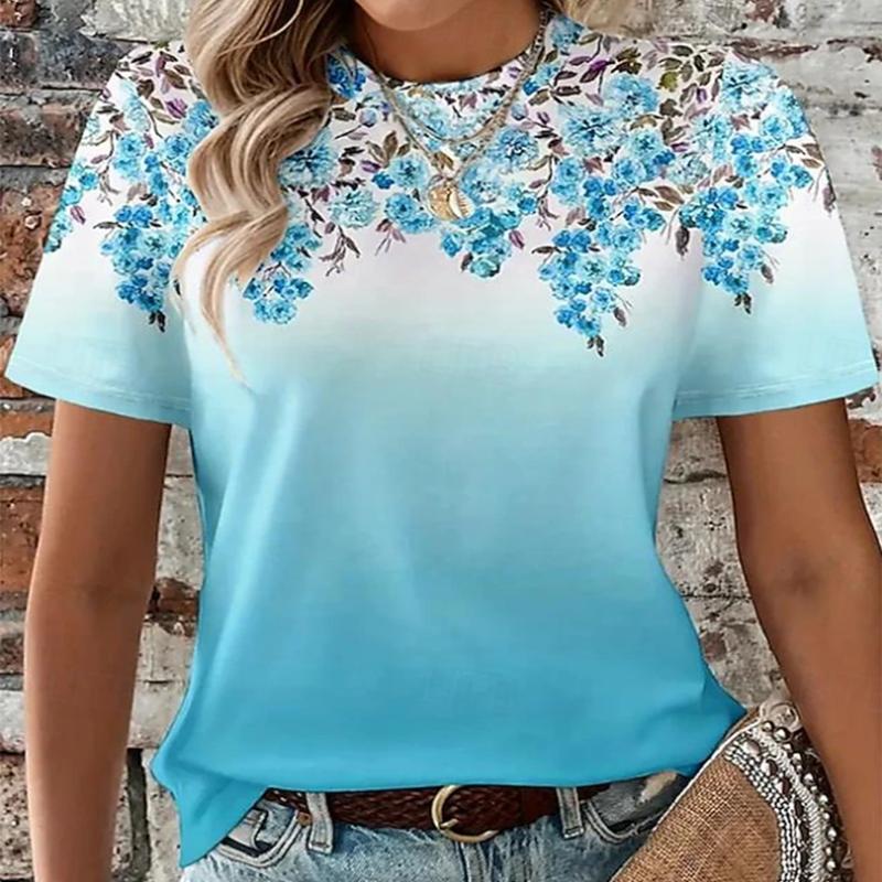Damen Freizeit T-Shirt mit Blumendruck Hellblau Aquarellblume Rundhalsausschnitt Kurzarm Tops Atmungsaktiv Weich T-Shirts für den täglichen Gebrauch