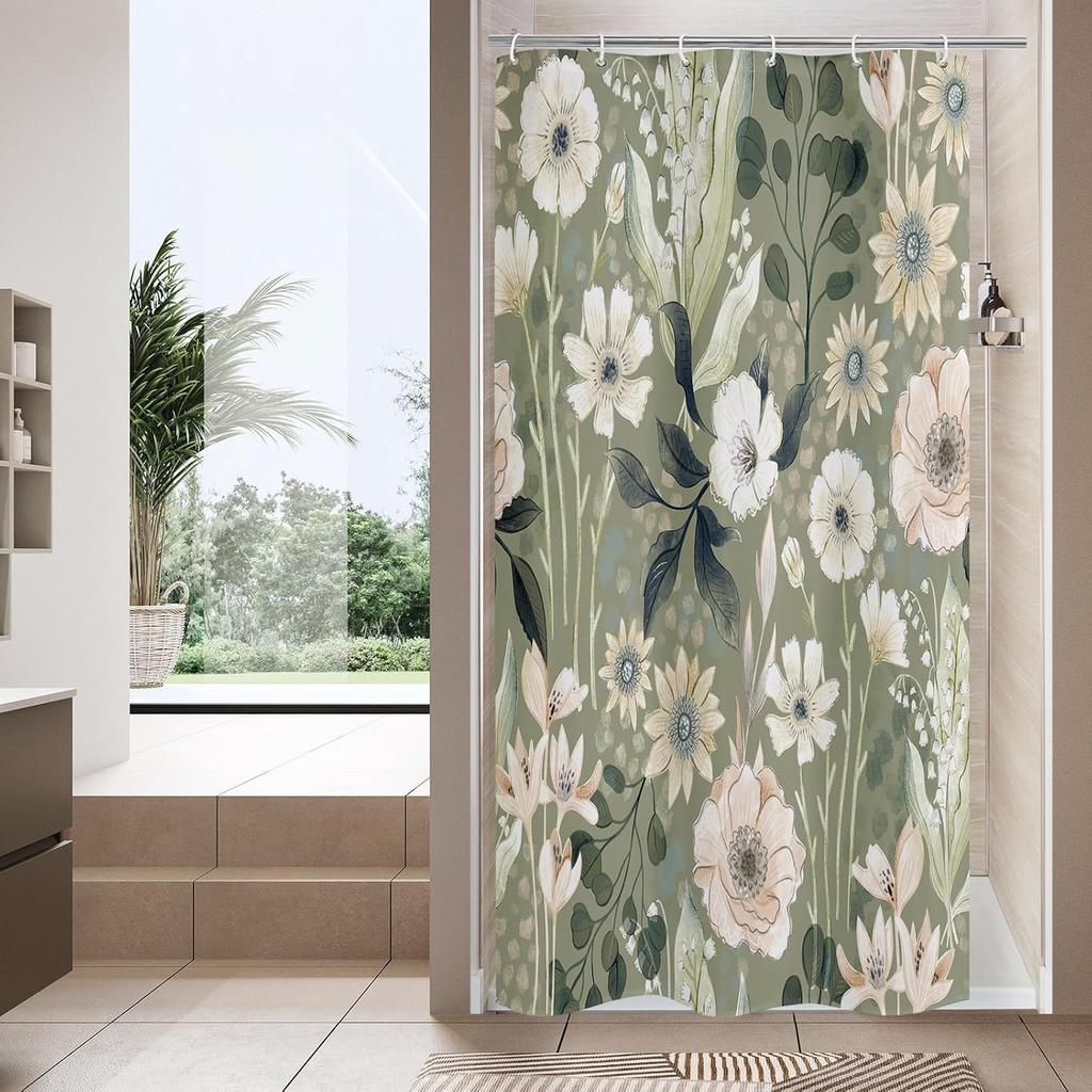 Boho Floral Shower Curtain, Tropical Leaves Fabric Cloth Shower Curtains for Chic Elegant Bathroom Decor, Modern Curtain