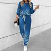 Women Retro Pattern Print Two Piece Outfit, Long Sleeve Crew Neck Top & Drawstring Jogger Pants Casual Tracksuit for Spring Autumn