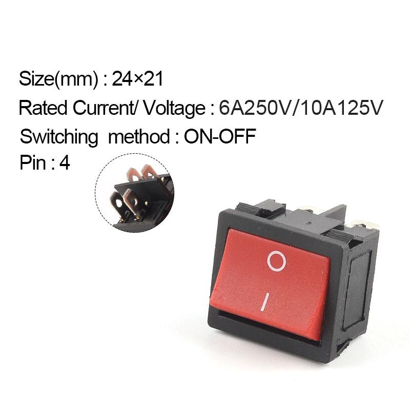 5PCS 24*21mm 4/6 Pin 2/3 Position 6A/10A 250V/125V ON-OFF/ON-OFF-ON/ON-ON Electric Power Switch Rocker Switch Red /Black