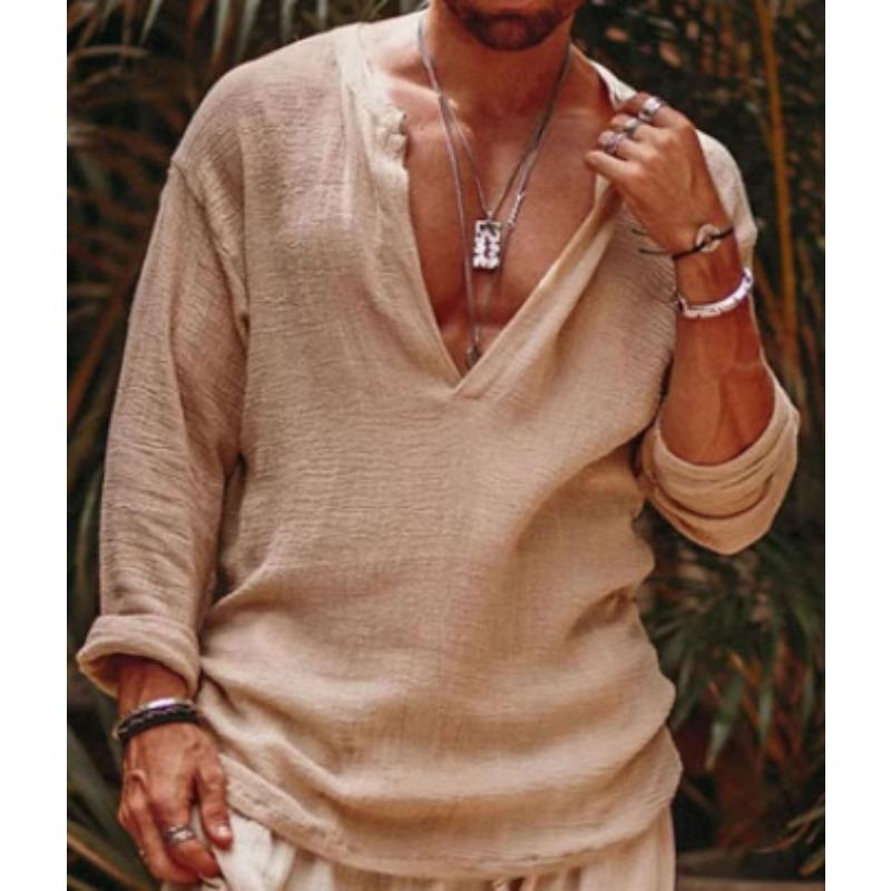 

Men s Bohemian Style Gauze Textured Long Sleeve V-Neck Shirt S