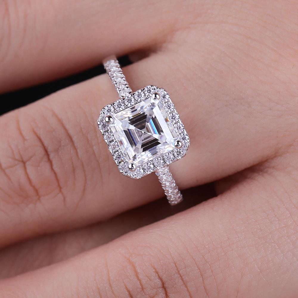 7x7mm Asscher Cut Full Moissanite Ring for Women CopperSquare Halo Diamond Engagement Ring Wedding Bands Jewelry