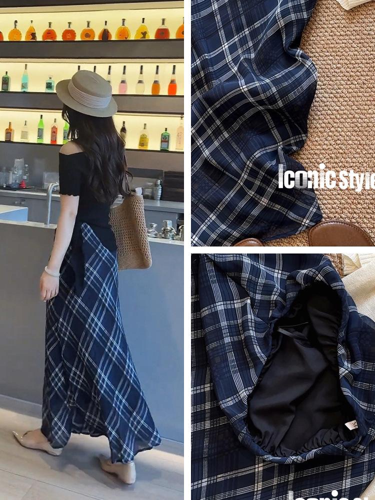 Women's Retro Blue Plaid Fishtail Skirt - Artistic Slimming Summer Style