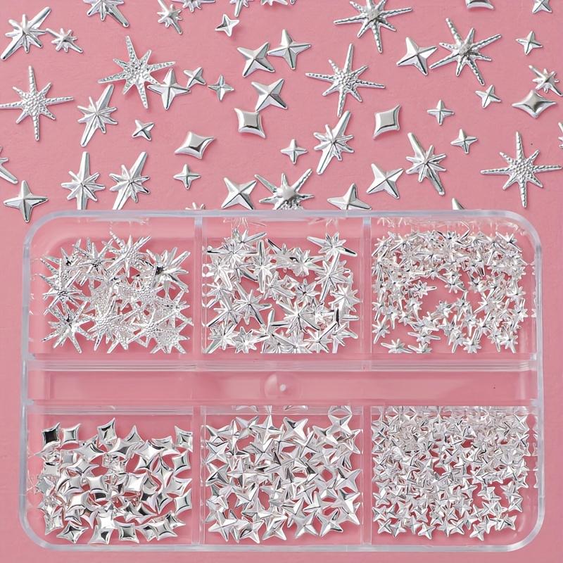 Set di Borchie per Nail Art a 6 Scomparti/Scatola, Borchie per Unghie Costellazione del Cielo Stellato, Decorazioni Metalliche Argentate per Unghie, Kit Charms per Manicure per Design Fai-da-te delle Unghie