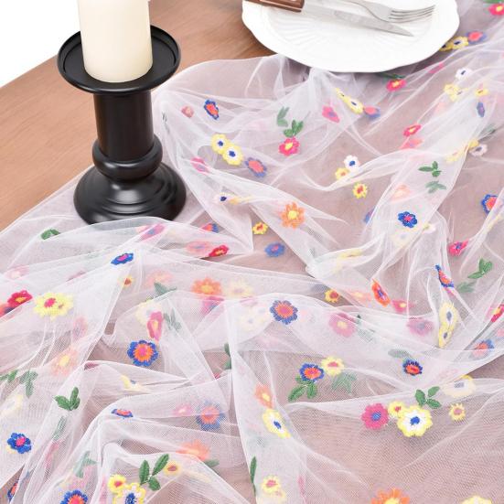 Embroidered Flower Table Runner Sheer Mesh Gauze Tablecloth for Spring Summer Delicate Floral Lace Table Decor for Wedding Party Dining Table
