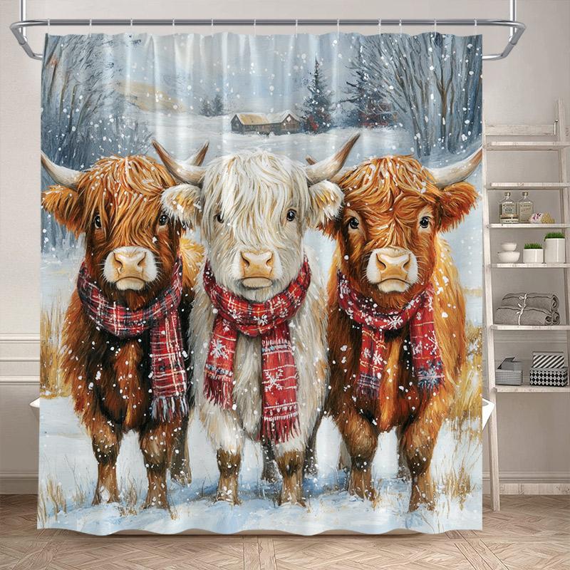 Christmas Highland Cow Shower Curtain Winter Cedar Snowy Xmas Gifts Farm Animal New Year Home Bathroom Curtains Decor With Hooks