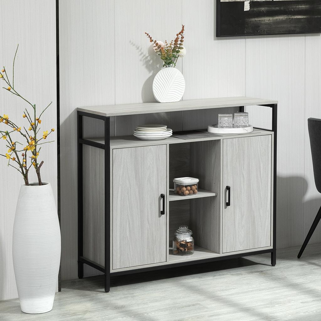 Modernes Holz-Sideboard mit 2 Schränken und Regalen, Küchen- und Eingangsschrank Hellgrau, 100x34x87.2cm