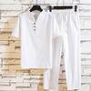 Men's Baggy Cotton Linen Pocket Solid Short Sleeve Retro T Shirts Top Pant 