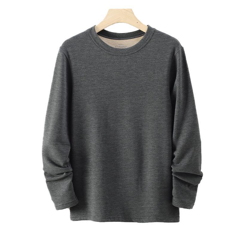 Men's Plus Velvet Thermal Underwear Top - Thick, Solid Color, Round Neck, Seamless, Cashmere Silk Blend, Elastic Fit, Autumn Wear.