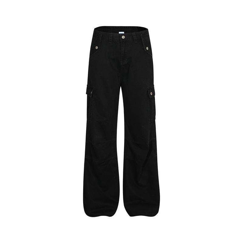 

Unisex American Retro Multi-Pocket Straight Overalls - Washed, Distressed, Casual Loose Fit Trousers. S чорний