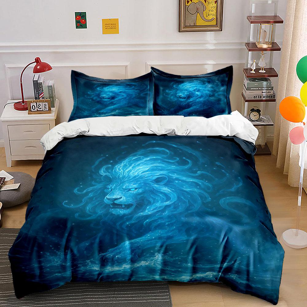 Glowing blue lion portrait. Bedding sets Duvet cover sets Duvet covers Pillowcases(1 * Duvet Cover 2 * Pillowcases without duvet insert)
