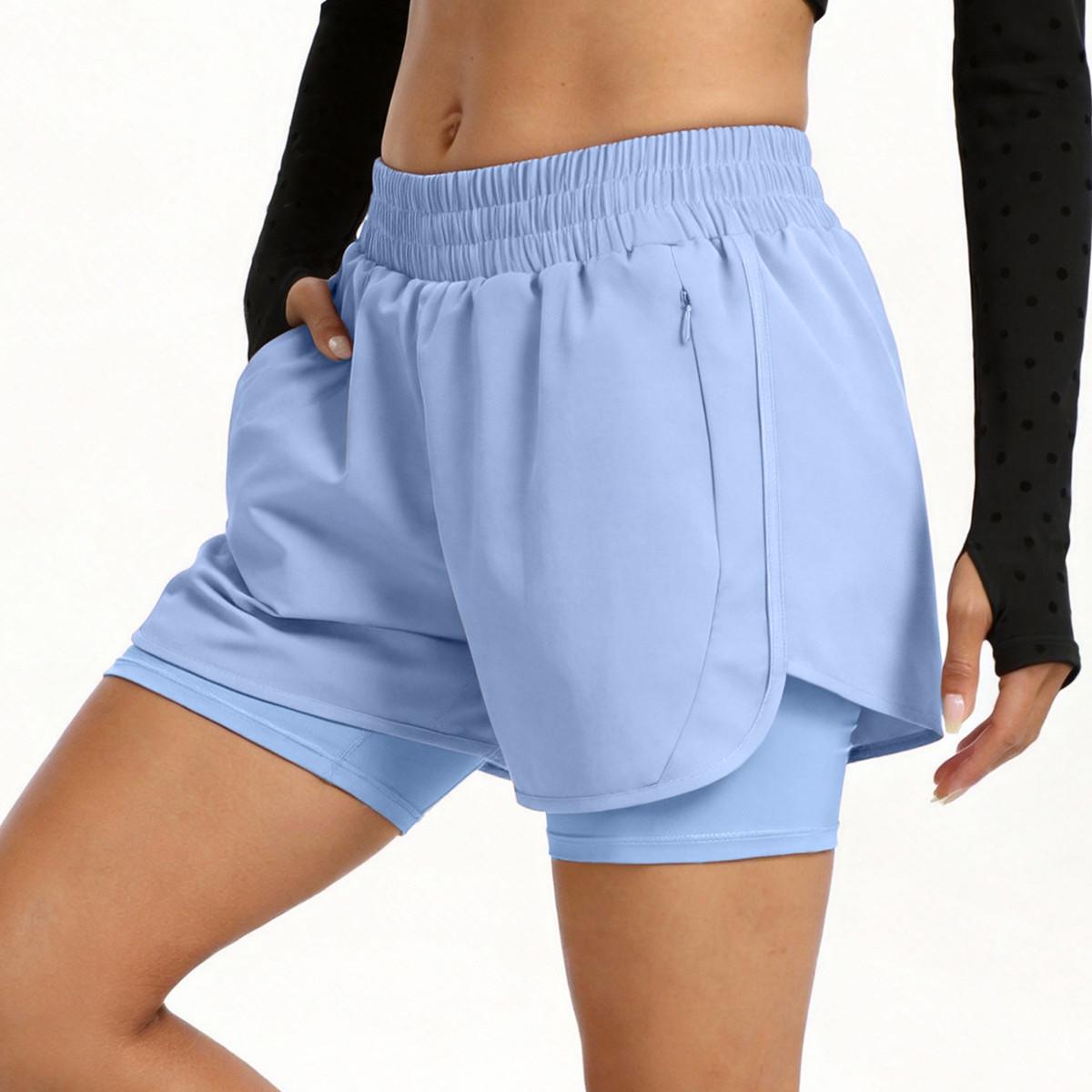 Damen Quick-Dry Atmungsaktive Yoga-Shorts mit Reißverschlusstasche - Vielseitige Zwei-in-Eins Fitnesshose M hellblaue