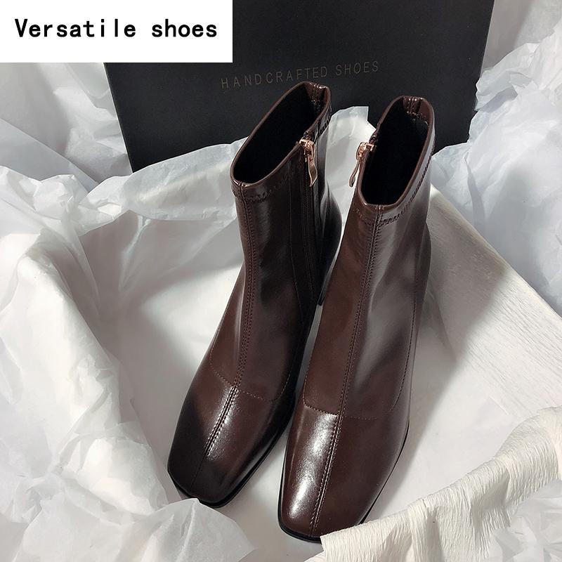 Vintage Damen Stiefeletten mit dickem Absatz, modische Schuhe mit eckiger Zehenpartie, Herbst Winter, elegante kurze Stiefeletten für Damen