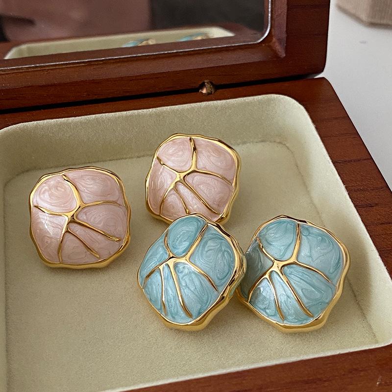 Dripping Geometric Square Stud Atmosphere High-End Girl Heart Design Niche Enamel