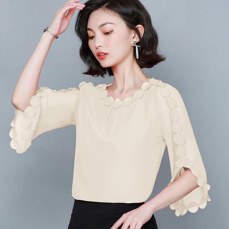 

WTEMPO Брендовая летняя женская рубашка большого размера с короткими рукавами из шифона, модная повседневная однотонная футболка с баской и топами из ниши 5XL абрикосовый