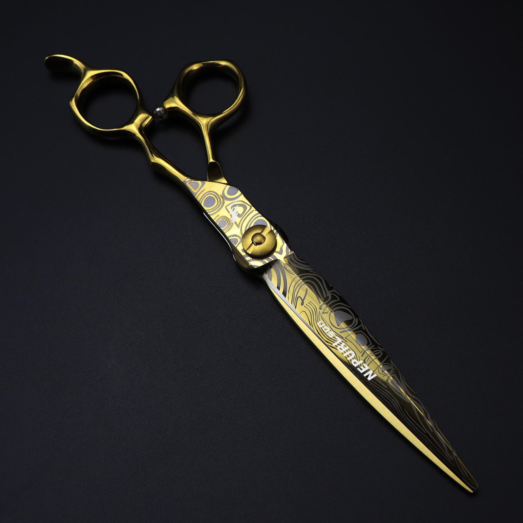 

Профессиональные золотые ножницы Jp440C с верхним стальным стержнем 7 с дамасским узором для стрижки волос, филировочные ножницы, парикмахерские ножницы