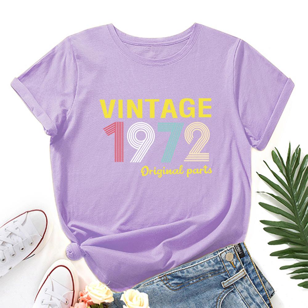 1972 Vintage Alphabet Cotton T-Shirt Short Sleeve Round Neck Women 2d Print Tops