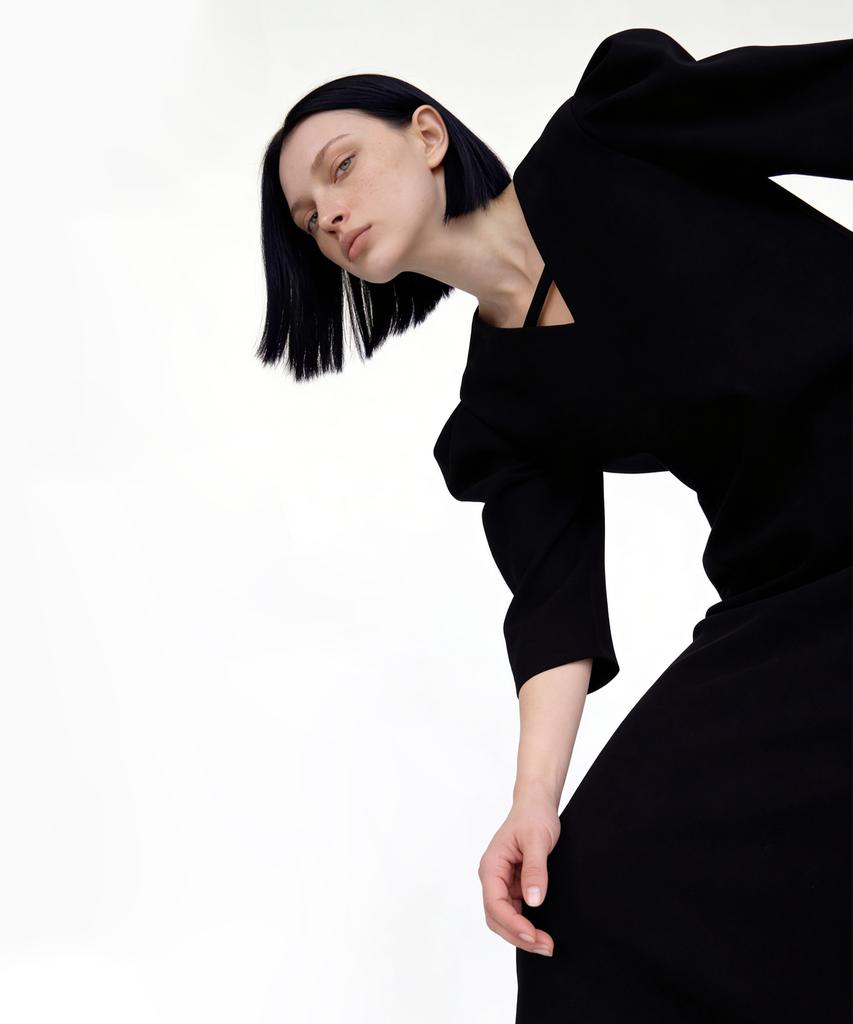 Myuleus Puff Shoulder Long Dress Imported Fabric [Black]