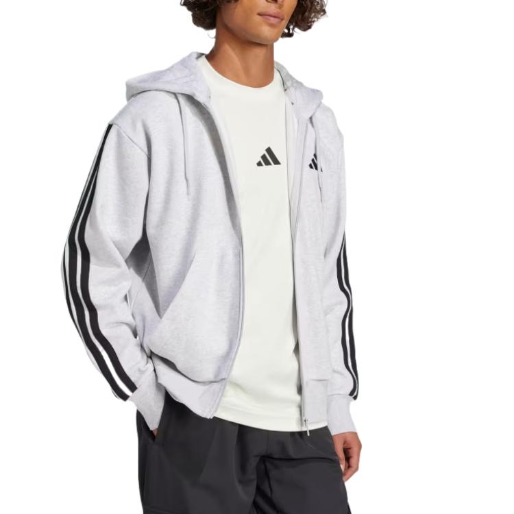 Adidas Essentials 3-Stripes Comfortable Logo Hooded Oversized Long Sleeve Jacket Men jackets Light-Gray-Mix Black JD1863