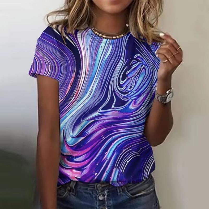 Letní barva Kravata Dye 3D tisk Trička Ženy Streetwear Neformální Móda Y2k Tričko s krátkým rukávem Tričko s výstřihem do O Trička Topy Oblečení