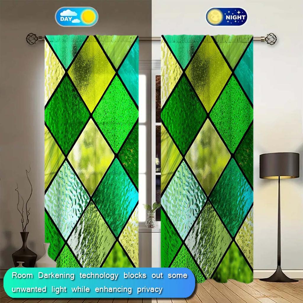 2-Panels Green Diamond Shaped Glass Window Curtains   Distinctive Printed Curtains   Suitable for Gifting To Family and Friends