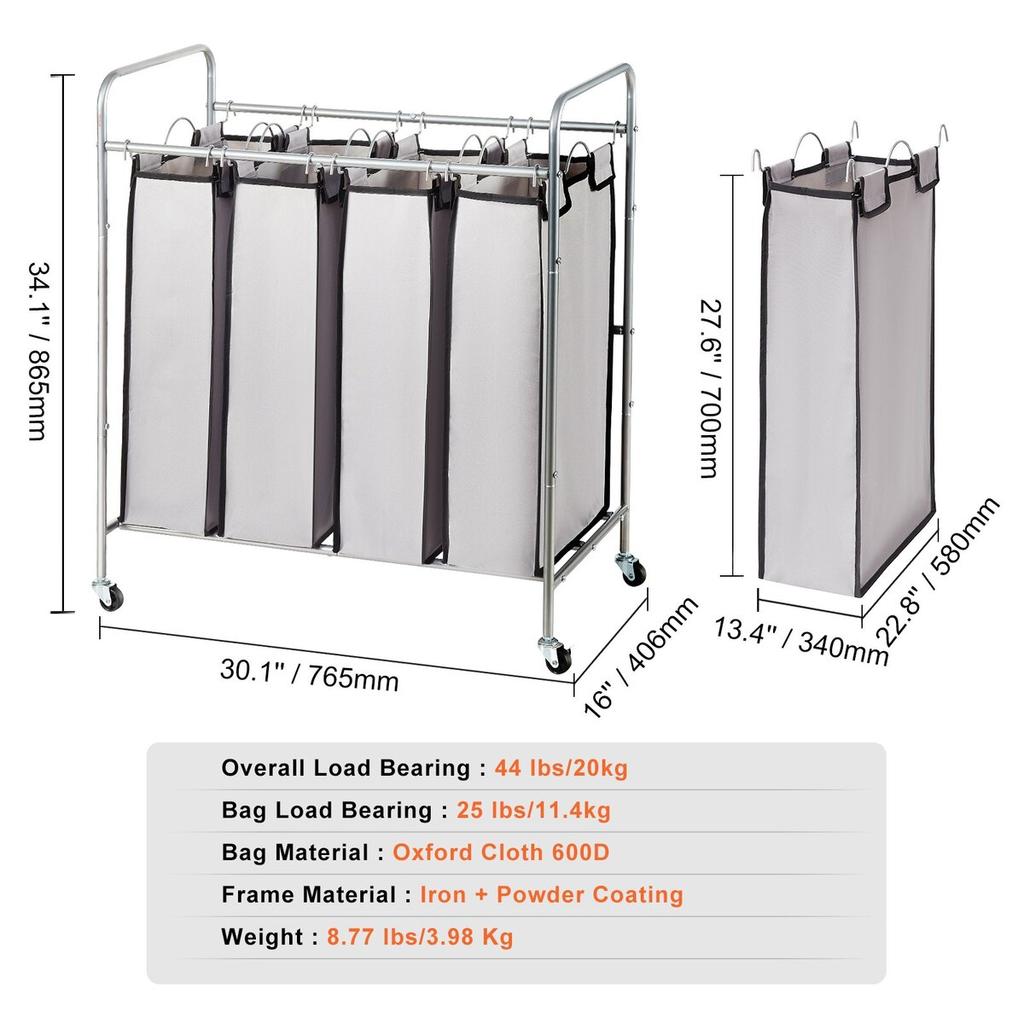 Laundry Sorter Cart 4 Section, Laundry Hamper with Heavy Duty Lockable Wheels and 4 Removable Bags, Rolling Laundry Basket Sorter for Clothes Storage