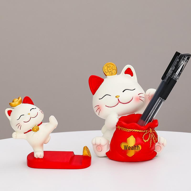 Lucky Cat Resin Mobile Holder - Cute Office Desktop Decoration Gift