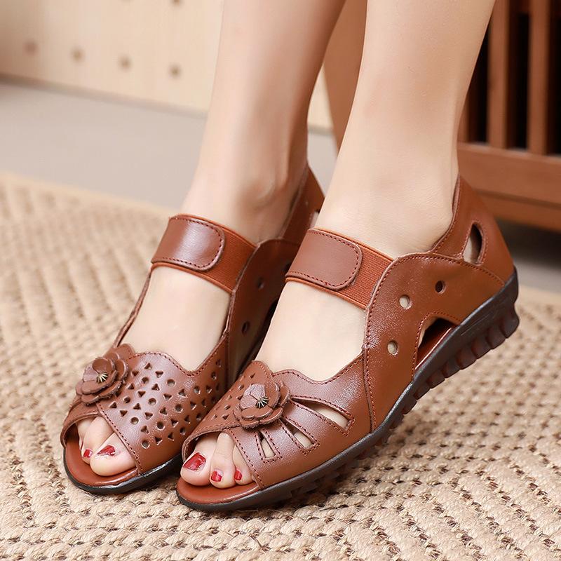 Fashion GKTINOO Women's Sandals Summer Genuine Leather Handmade Ladies Flats Sandals Women Soft Bottom Casual Non-slip Flat Mother Shoes