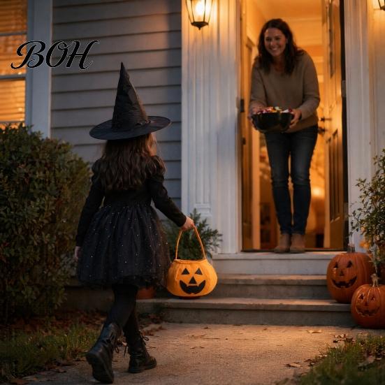Halloween Party Decoration Pumpkin Candy Bag for Kids, Reusable Non-Woven Trick or Treat Bucket, Bucket Face Snack Holder Basket with Handle