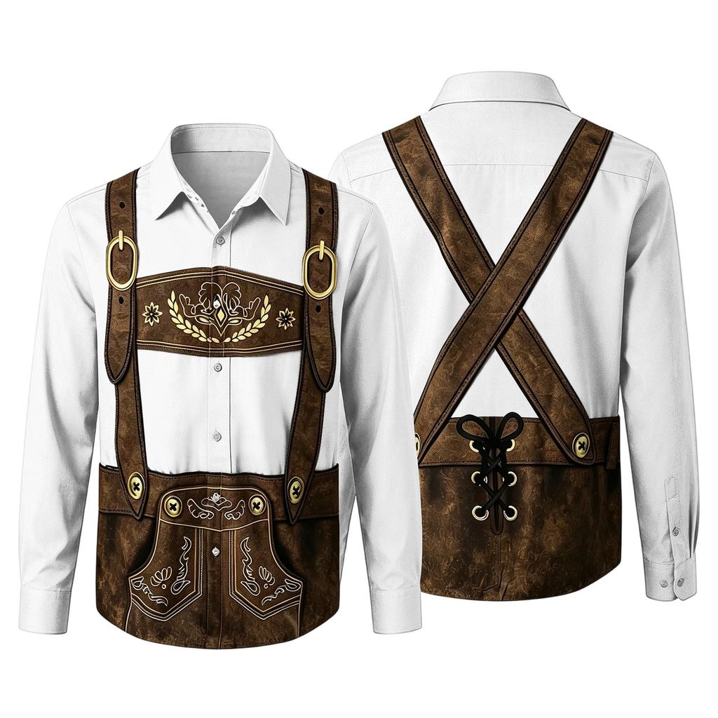 Camicia da uomo per l'Oktoberfest con stampa 3D, vestibilità larga, manica lunga, colletto, casual, stile vintage, traspirante, per lavoro, festival all'aperto, festa