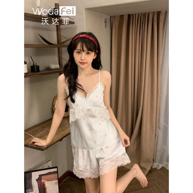 Lace sexy camisole shorts, satin set, pure and alluring style, with bra pads, ice silk slip dress, spring/summer new pajamas for women