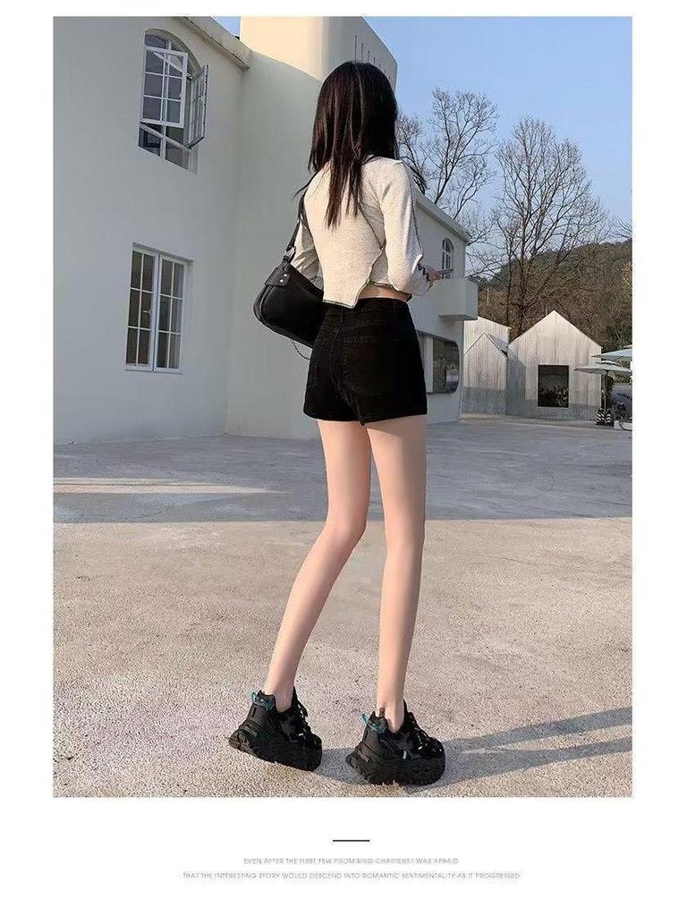 Women's High Waist Black Denim Shorts - Korean Style Trendy Slimming Hot Pants