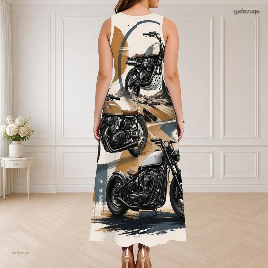 Women Plus Size Round Neck Triple Keyhole Cutout Sleeveless Cartoon Construction Vehicle Printed Maxi Dress