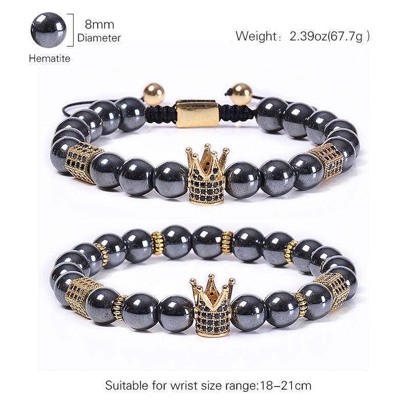 European and American Jewelry, Magnetic Black Magnet Crown Bracelet, Copper Micro Inlaid Zircon, Natural Stone Bracelet, Woven, Adjustable