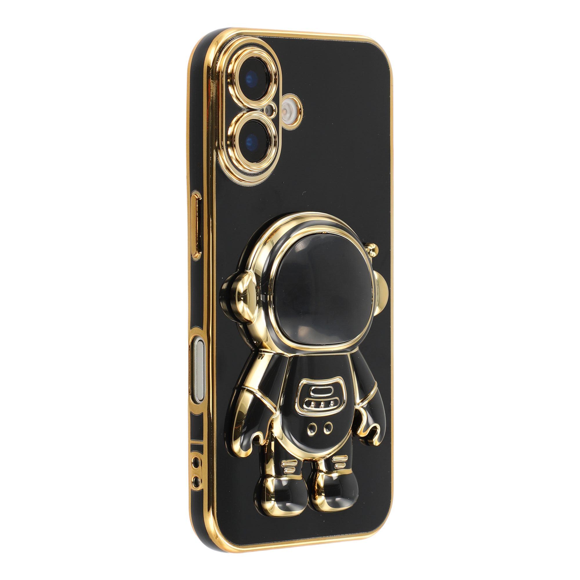 

For iPhone 16 Case Electroplating Soft TPU Phone Cover with Astronaut Hidden Kickstand Black