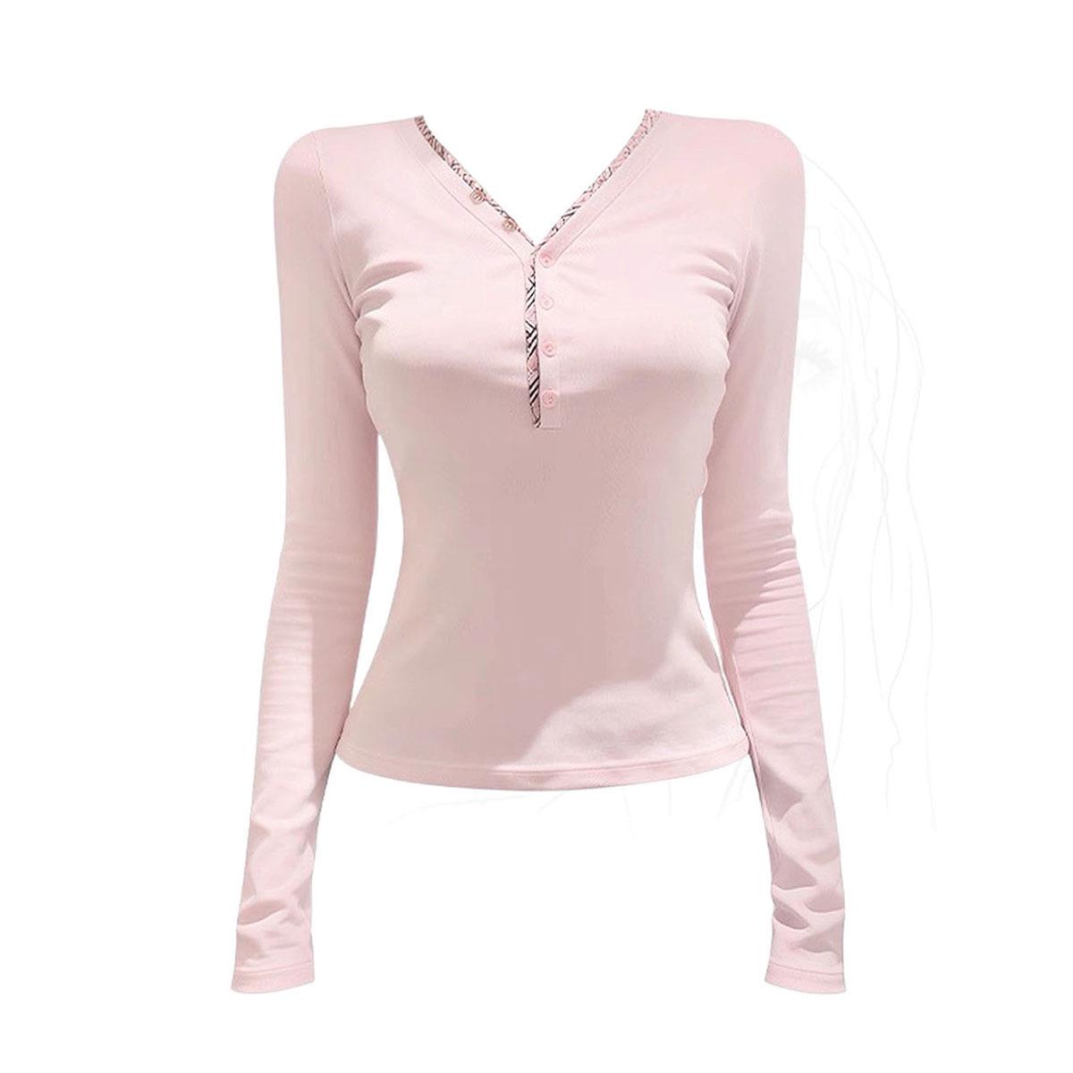 Stylish Pink Plaid V-Neck Long-Sleeve Women s Slim-Fit T-Shirt – Flattering and Fashionable. Extra Large