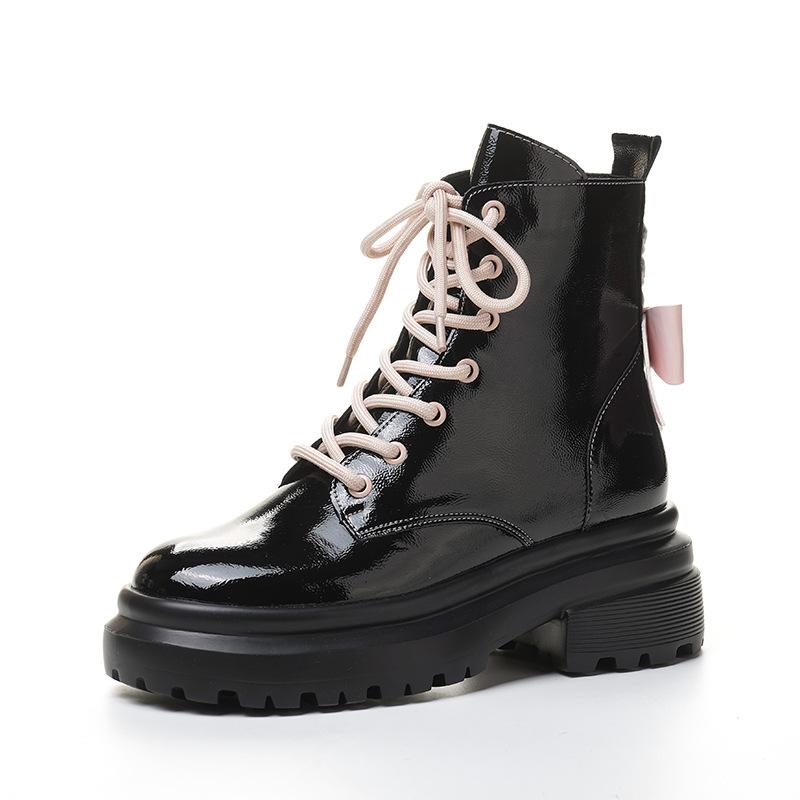 Boots For Women With Pink Bow Contrast Color Patent Leather Biker British Style Platform Ankle Boots Non-slip Thick Sole Shoes