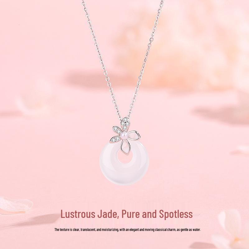 S925 Sterling Silver Lilac Flower Peace Buckle Necklace for Women - Chinese Style, Light Luxury, Versatile White Chalcedony Clavicle Chain. 925 Silver