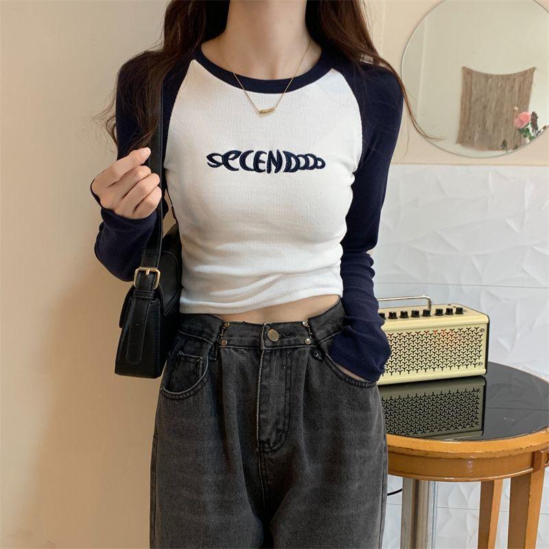 Letter Print T-Shirt Women Spring Long Sleeve Patchwork Tops Retro Contrast Color Crop Top Hot Girl Skinny Y2K