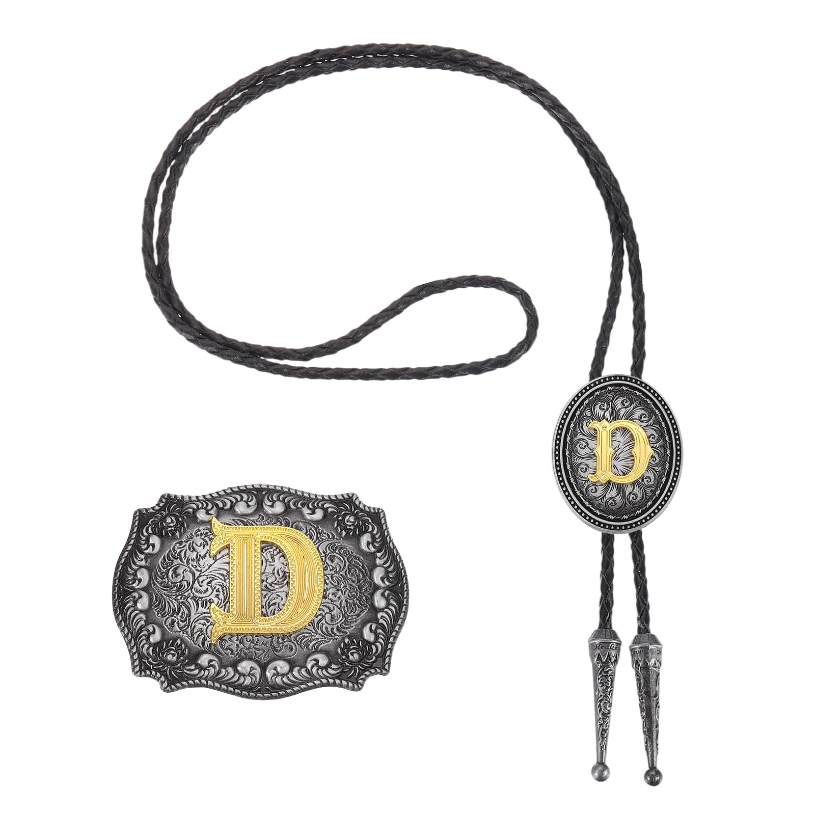 

[PATIKIL] Western Cowboy Bolo Tie & Belt Buckle Set, Gold Initial D, Cowhide Rope Tie, Unisex, Costume, Traditional Vintage Accessory, GrayBlackGold
