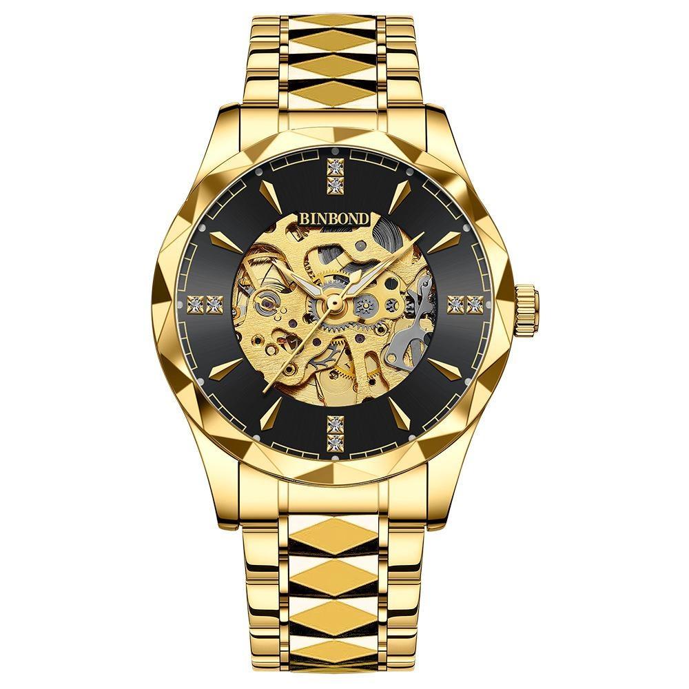 BINBOND Men's Automatic Mechanical Watch Skeleton Hollow Blue Dial Diamond Stainless Steel Waterproof Luxury Business Wristwatch